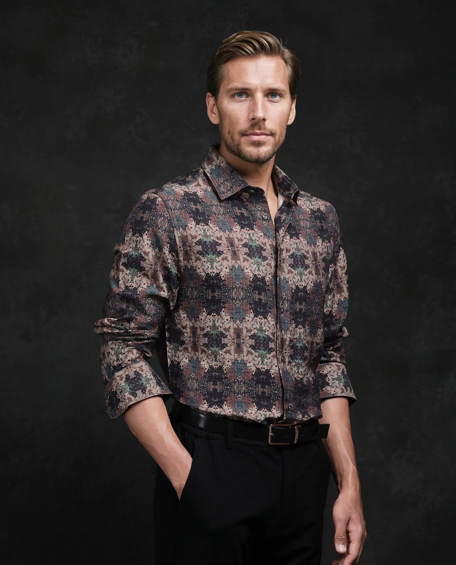 Rare Rabbit Men's Viscose Blend Abstract Print Regular Fit Full Sleeve Collared Shirt