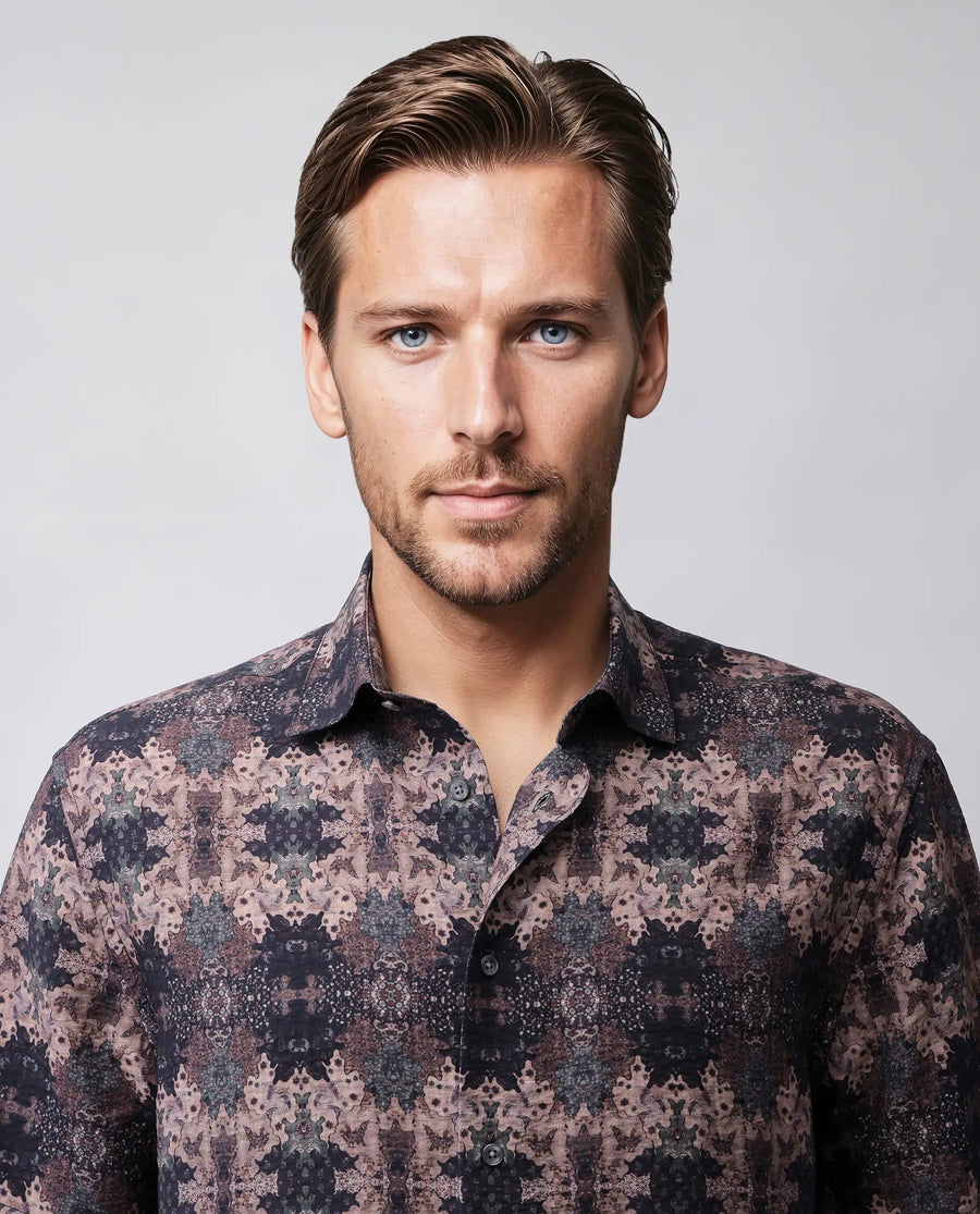 Rare Rabbit Men's Toro-Ss Brown Viscose Blend Abstract Print Regular Fit Half Sleeve Collared Shirt