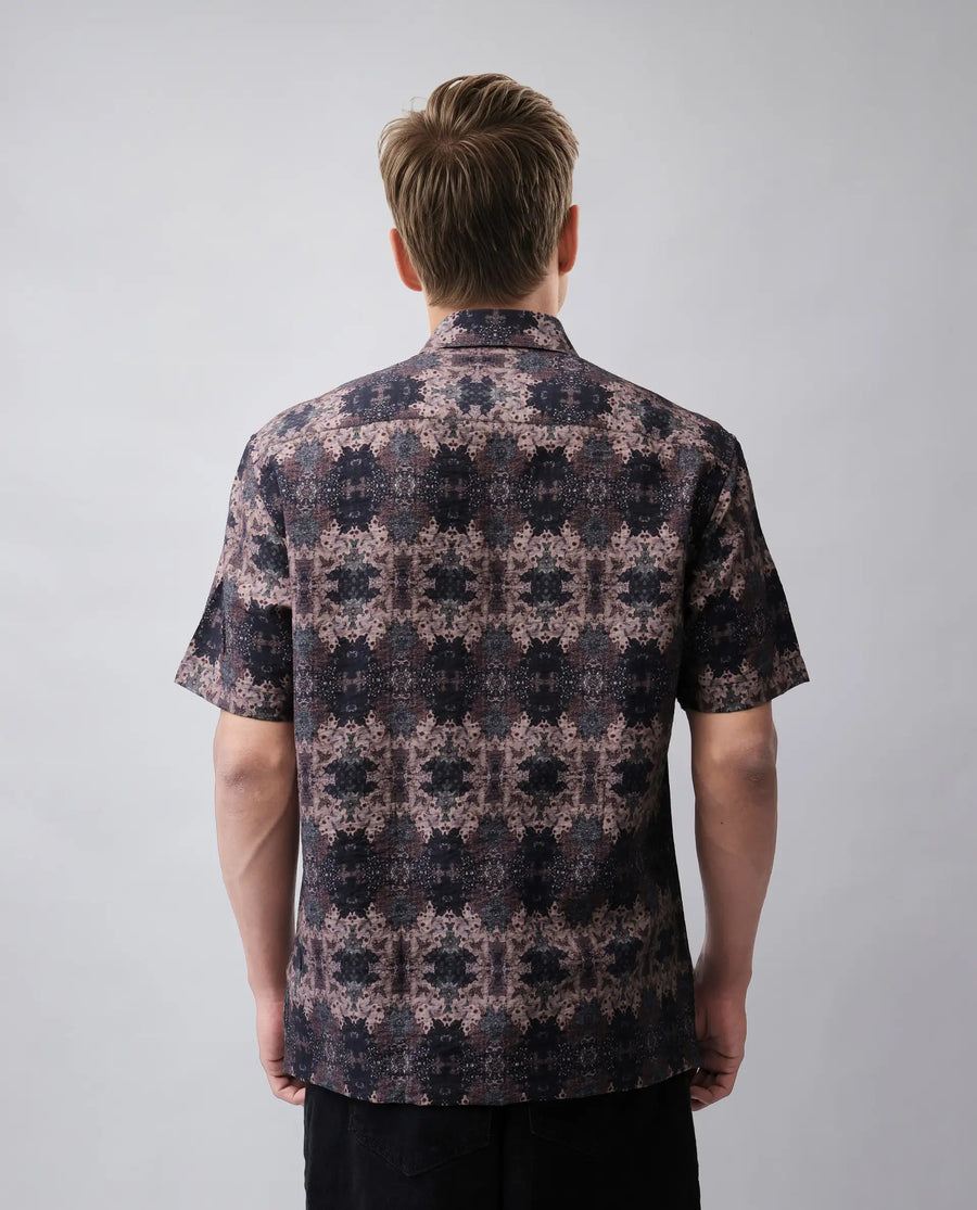 Rare Rabbit Men's Toro-Ss Brown Viscose Blend Abstract Print Regular Fit Half Sleeve Collared Shirt