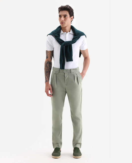 Rare Rabbit Men's Torro Dusky Green Cotton Blend Plain Regular Fit Trouser