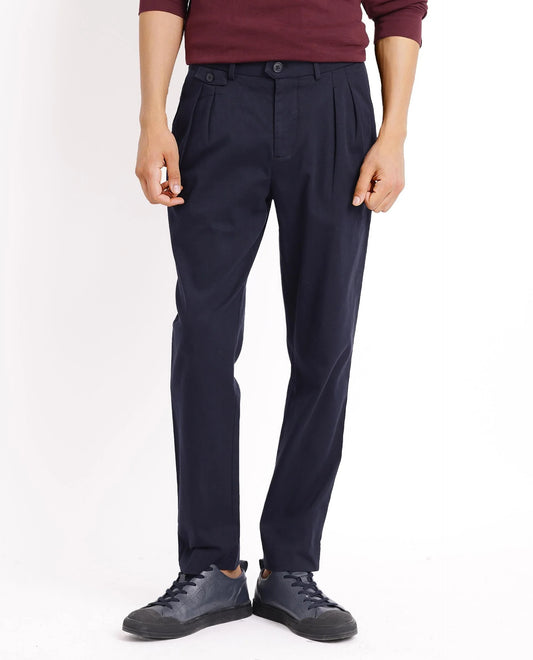 Rare Rabbit Men's Torro Dark Navy Cotton Blend Plain Regular Fit Trouser