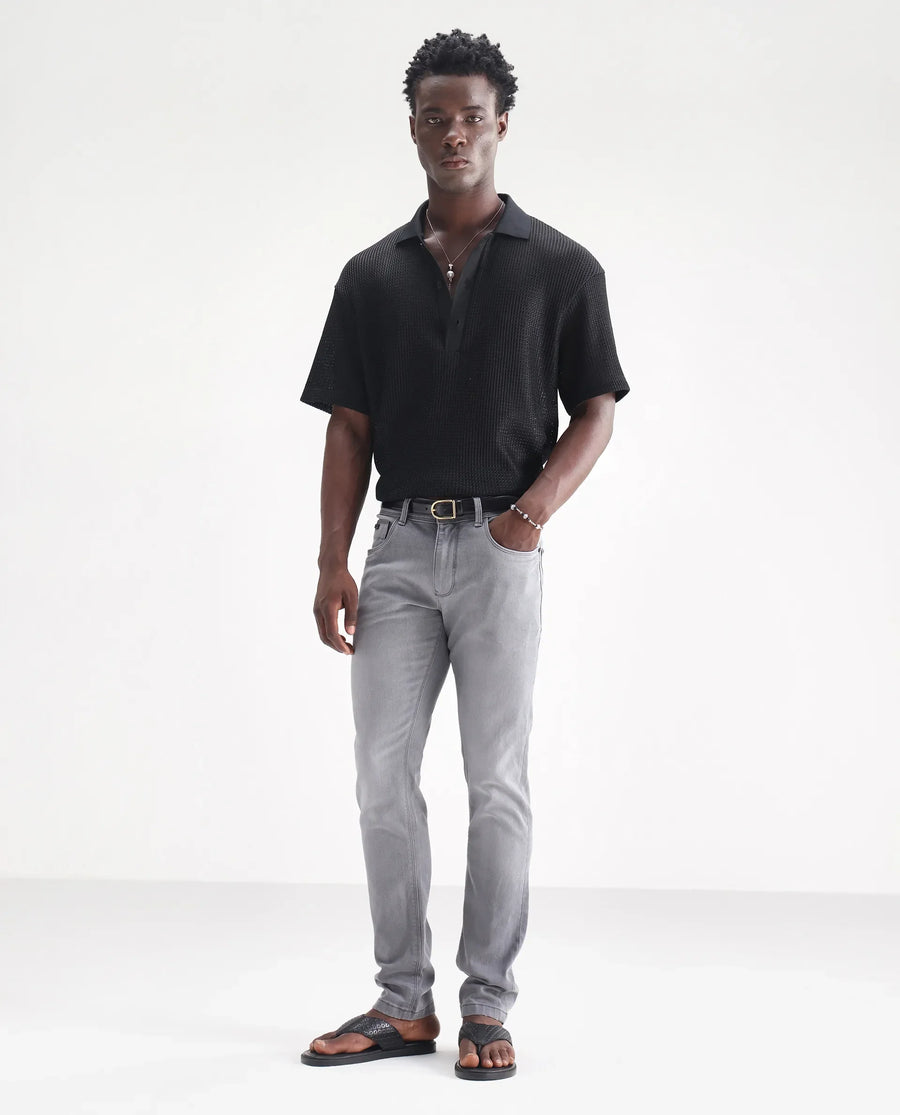 Rare Rabbit Men's Toulouse Light Grey Cotton Plain Hawk Slim Fit Jeans