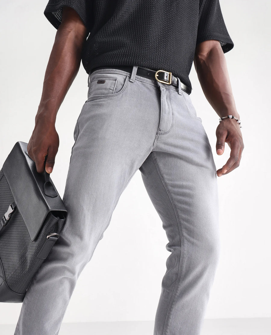 Rare Rabbit Men's Toulouse Light Grey Cotton Plain Hawk Slim Fit Jeans