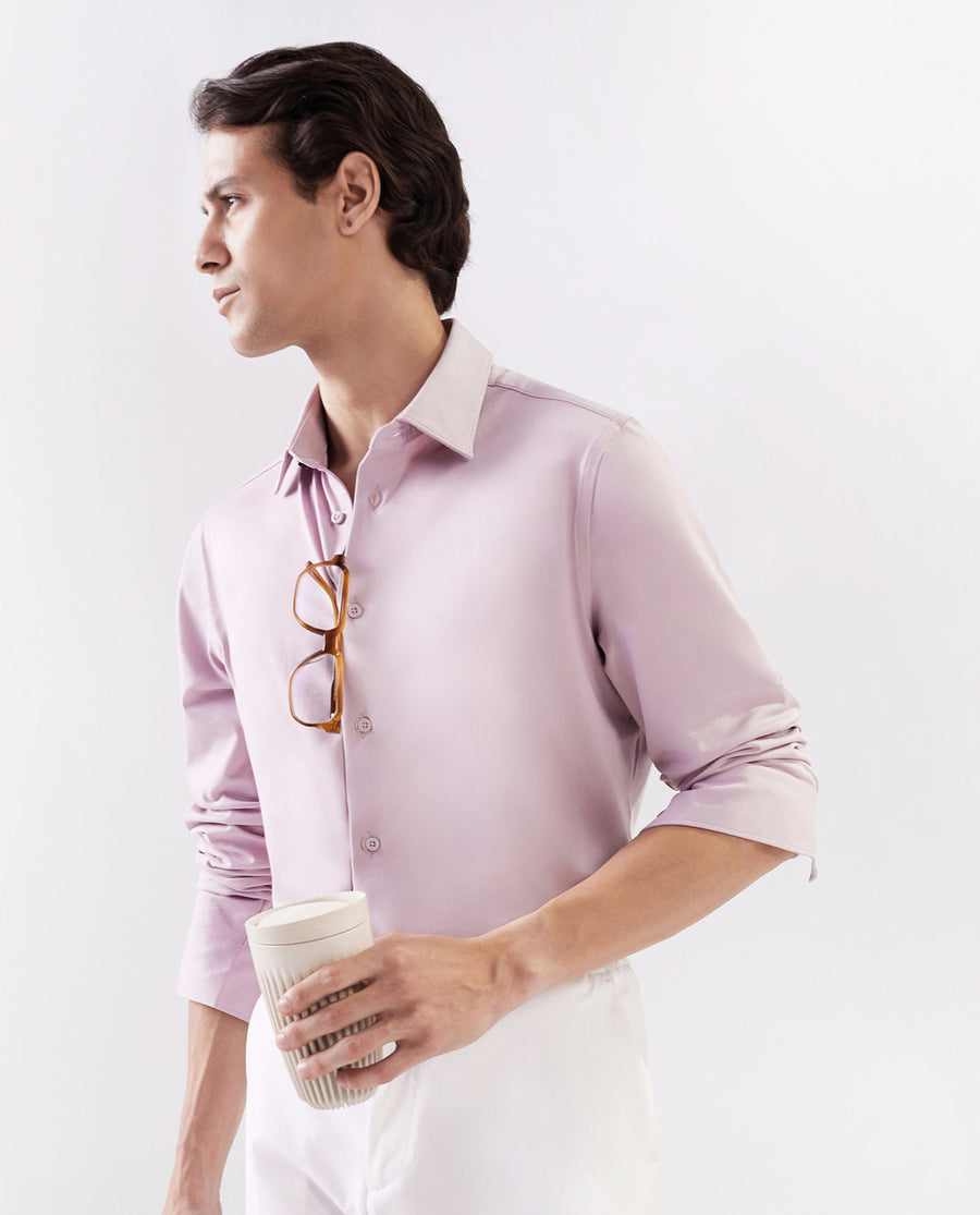 Rare Rabbit Men's Tour Pastel Pink Cotton Blend Plain Regular Fit Full Sleeve Collared Shirt