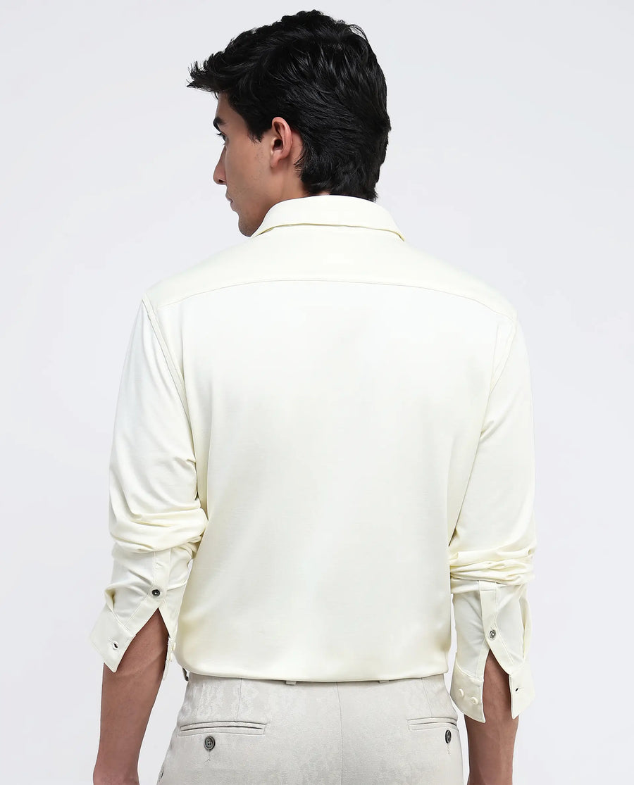 Rare Rabbit Men's Tour Pastel Yellow Cotton Blend Plain Regular Fit Full Sleeve Collared Shirt