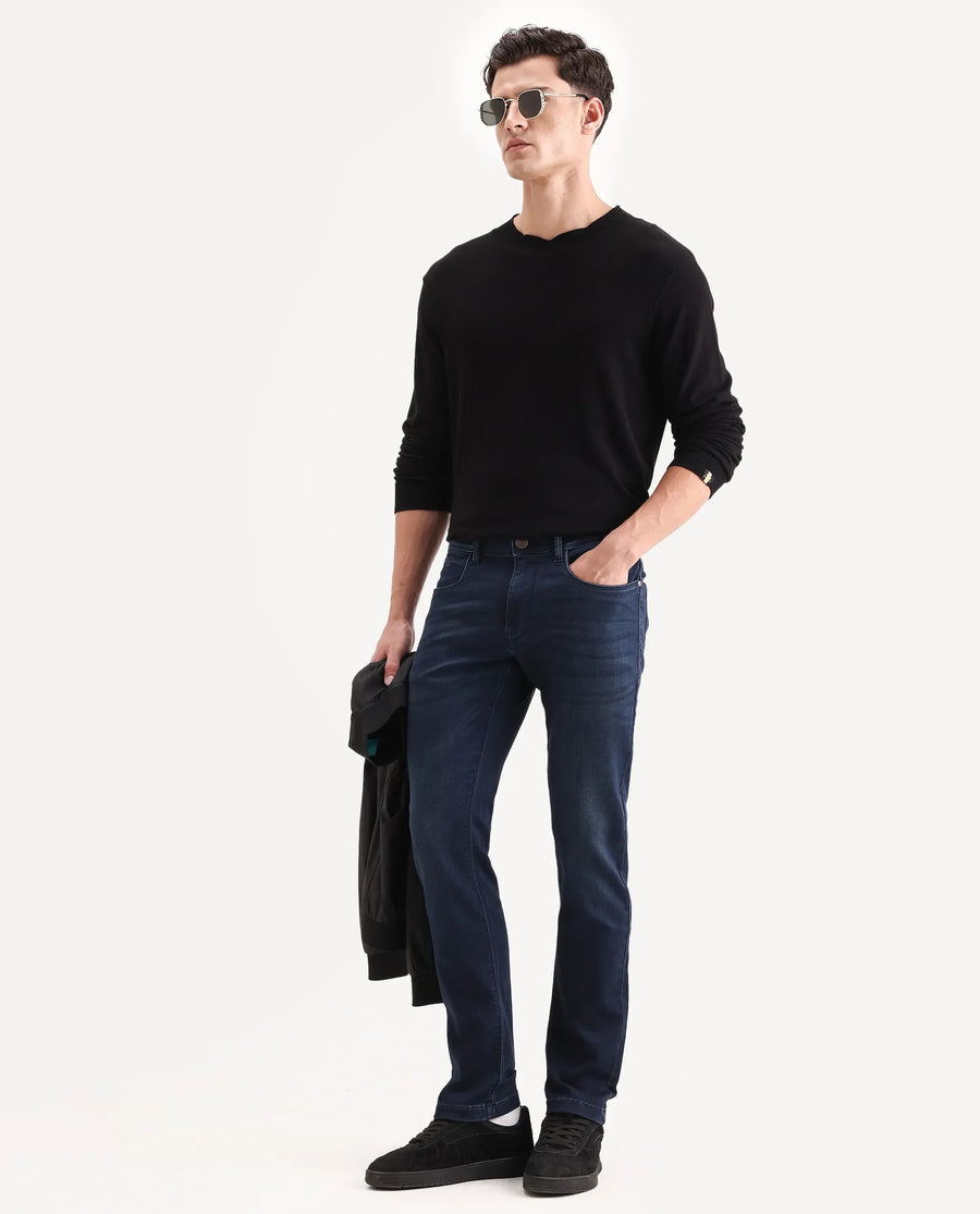 Rare Rabbit Men's Tours-2 Dark Blue Cotton Blend Fabric Hawk Slim Fit Jeans