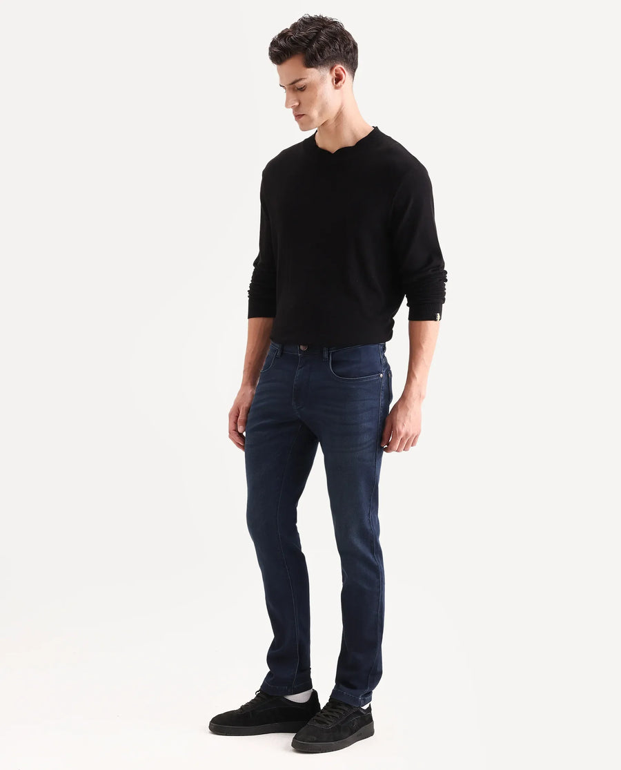 Rare Rabbit Men's Tours-2 Dark Blue Cotton Blend Fabric Hawk Slim Fit Jeans