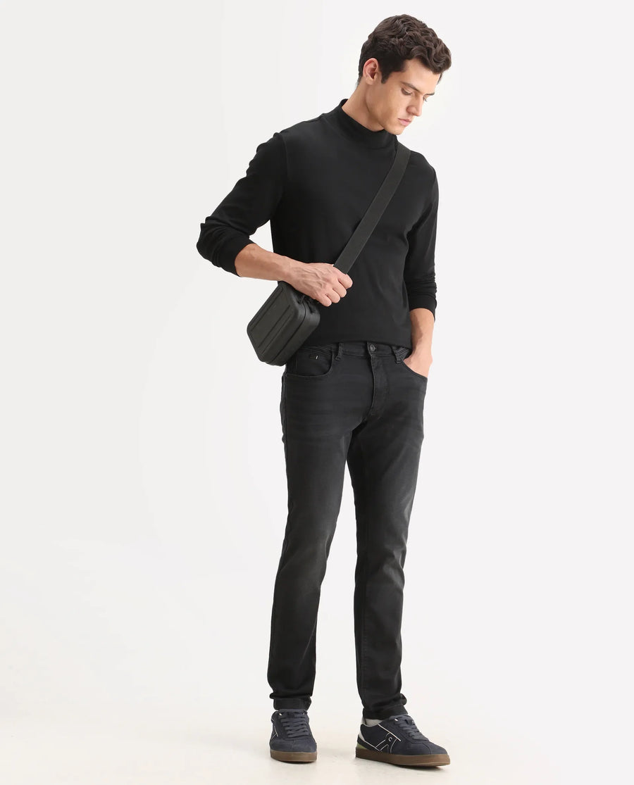 Rare Rabbit Men's Tours-1 Dark Grey Cotton Blend Fabric Hawk Slim Plain Jeans