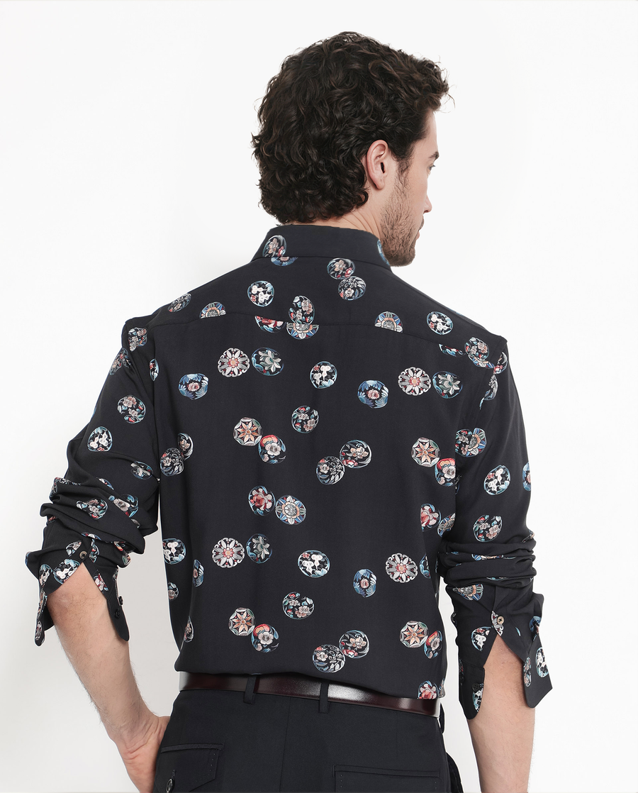 Rare Rabbit Men's Towen Ls Black Viscose Floral Print Regular Fit Full Sleeve Collared Shirt