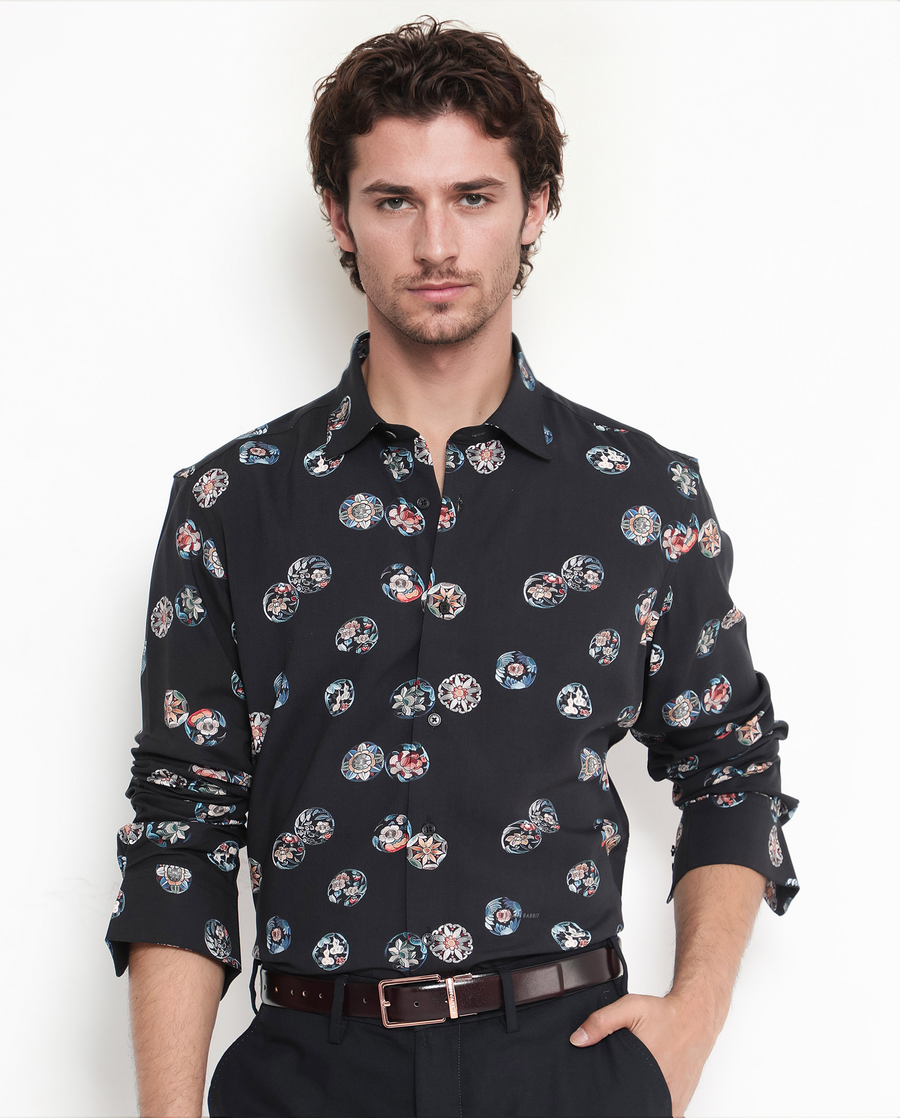 Rare Rabbit Men's Towen Ls Black Viscose Floral Print Regular Fit Full Sleeve Collared Shirt