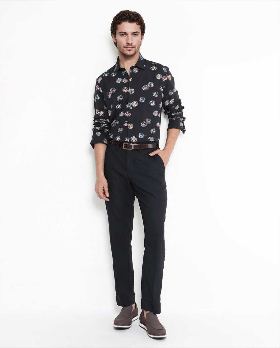 Rare Rabbit Men's Towen Ls Black Viscose Floral Print Regular Fit Full Sleeve Collared Shirt