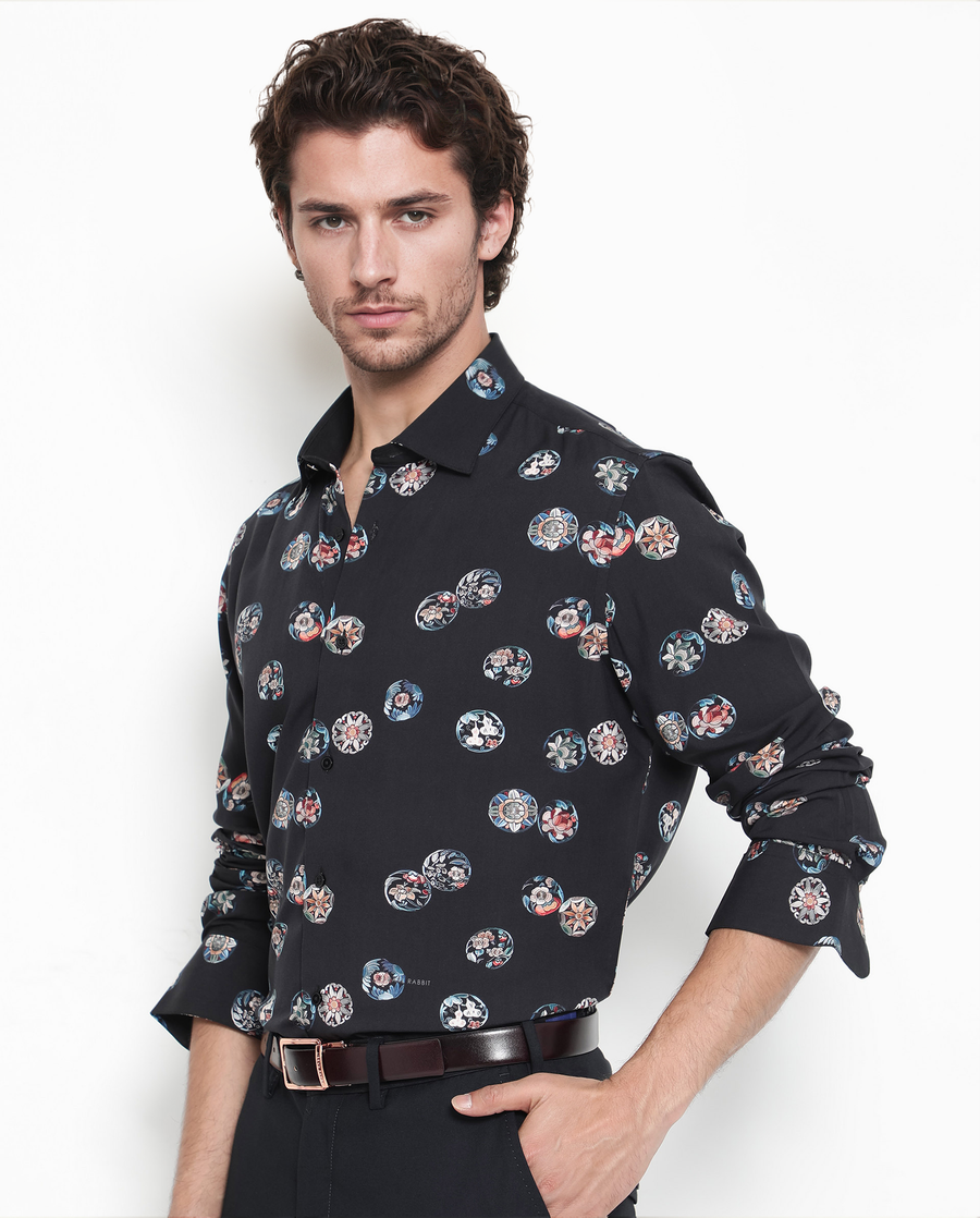 Rare Rabbit Men's Towen Ls Black Viscose Floral Print Regular Fit Full Sleeve Collared Shirt