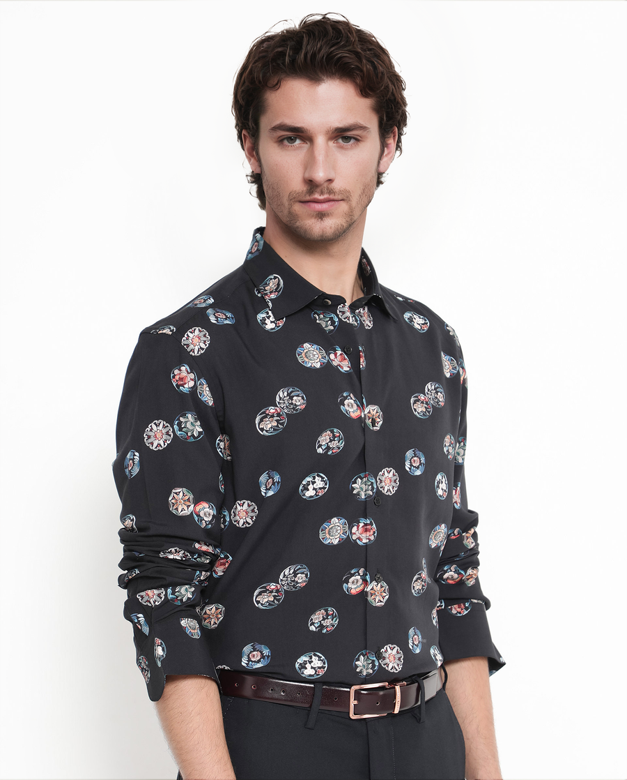 Rare Rabbit Men's Towen Ls Black Viscose Floral Print Regular Fit Full Sleeve Collared Shirt