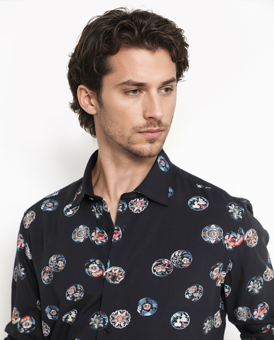 Rare Rabbit Men's Towen Ls Black Viscose Floral Print Regular Fit Full Sleeve Collared Shirt