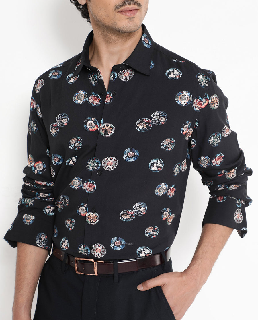 Rare Rabbit Men's Towen Ls Black Viscose Floral Print Regular Fit Full Sleeve Collared Shirt