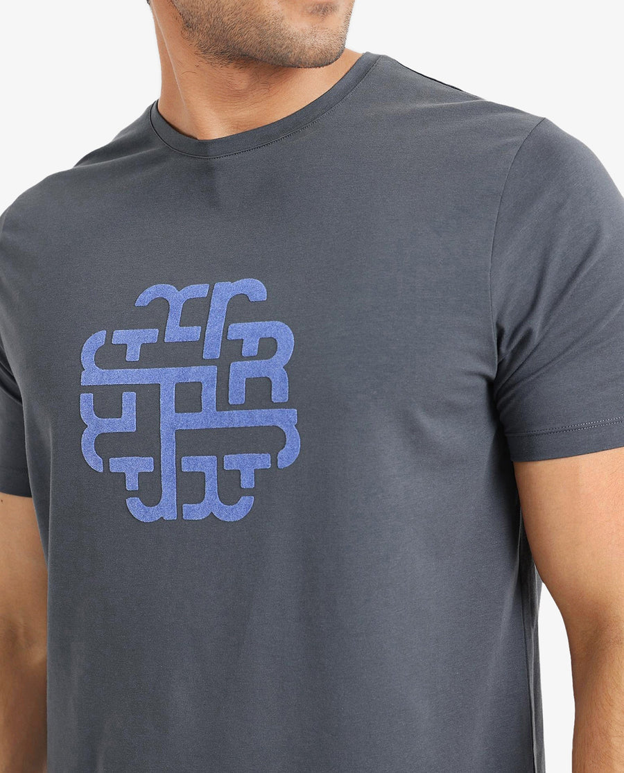Rare Rabbit Men's Toxy Dusky Blue Cotton Graphic Print Regular Fit Half Sleeve Crew Neck T-Shirt