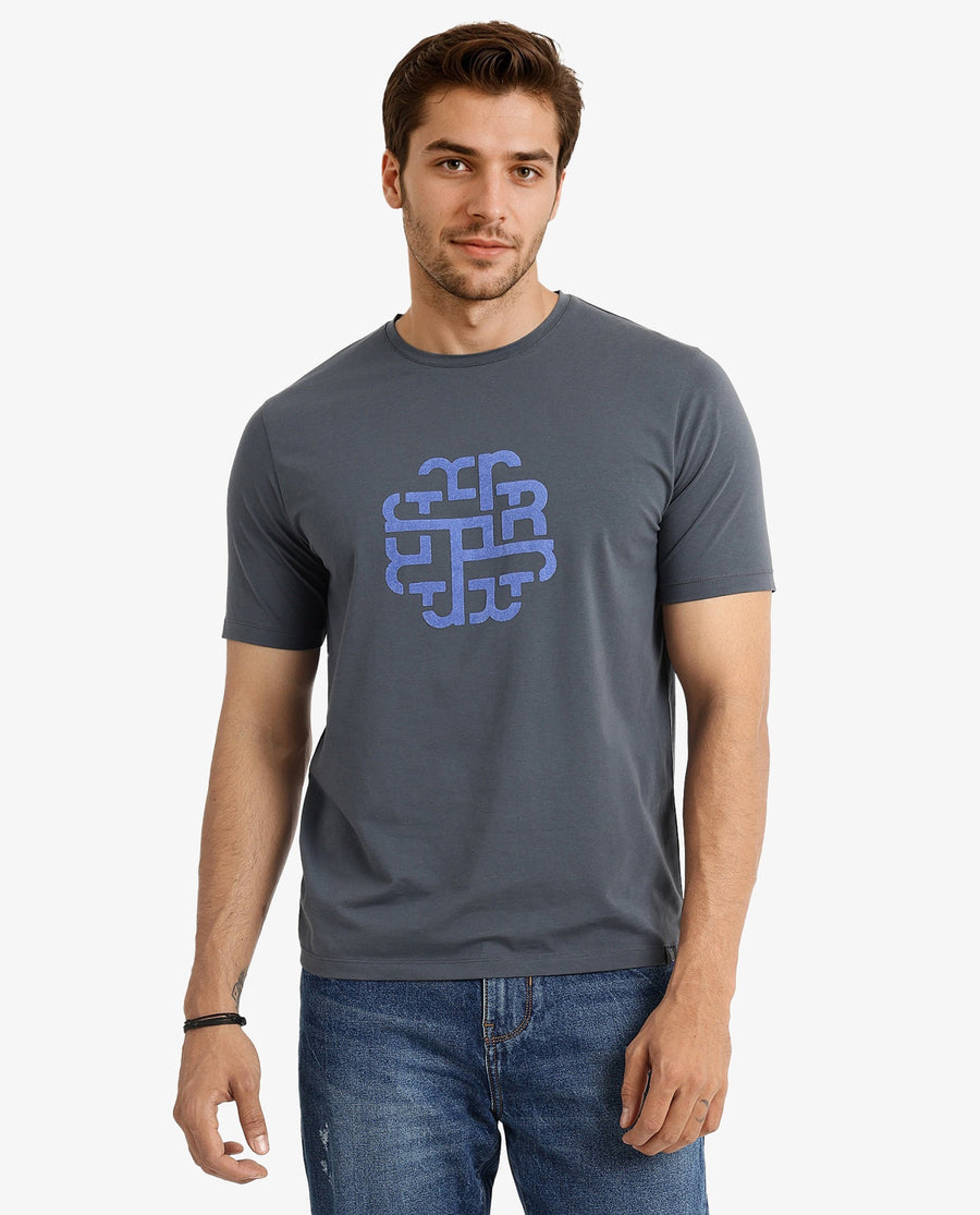 Rare Rabbit Men's Toxy Dusky Blue Cotton Graphic Print Regular Fit Half Sleeve Crew Neck T-Shirt