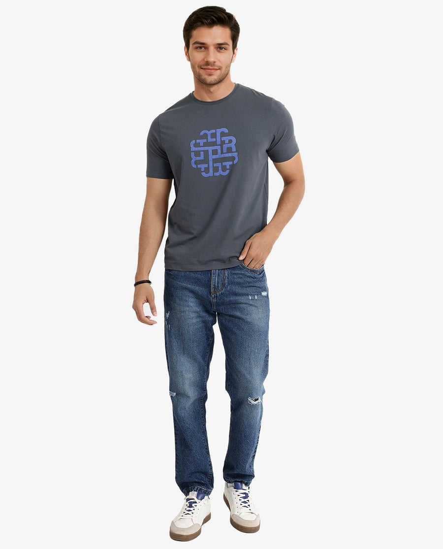 Rare Rabbit Men's Toxy Dusky Blue Cotton Graphic Print Regular Fit Half Sleeve Crew Neck T-Shirt
