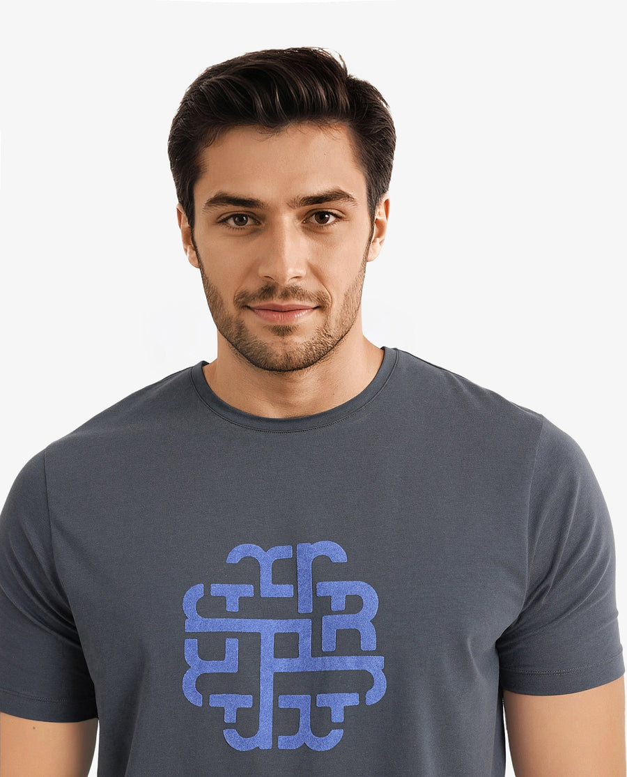 Rare Rabbit Men's Toxy Dusky Blue Cotton Graphic Print Regular Fit Half Sleeve Crew Neck T-Shirt