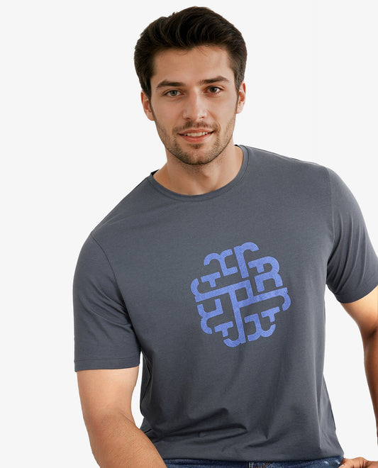 Rare Rabbit Men's Toxy Dusky Blue Cotton Graphic Print Regular Fit Half Sleeve Crew Neck T-Shirt