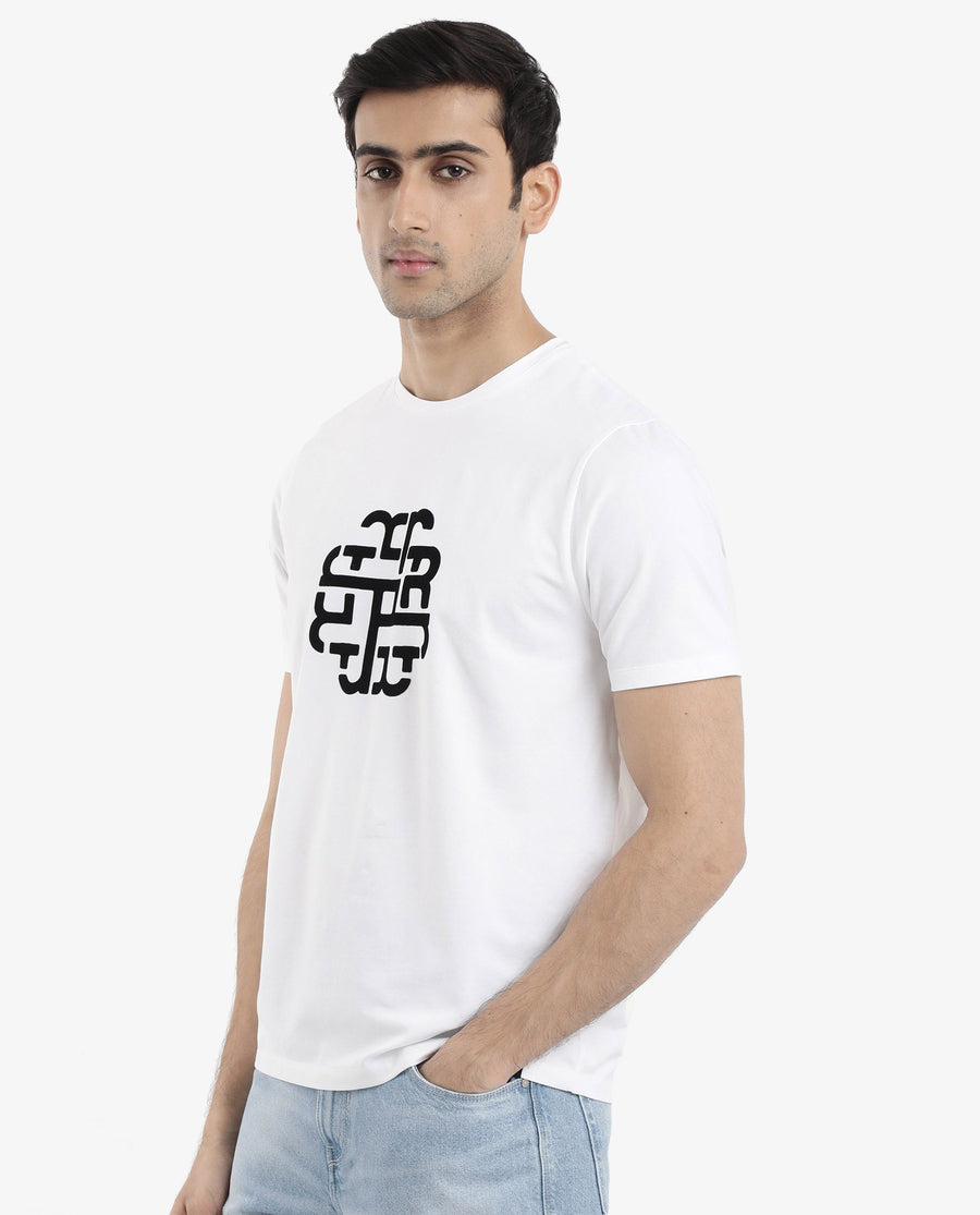 Rare Rabbit Men's Toxy White Cotton Graphic Print Regular Fit Half Sleeve Crew Neck T-Shirt