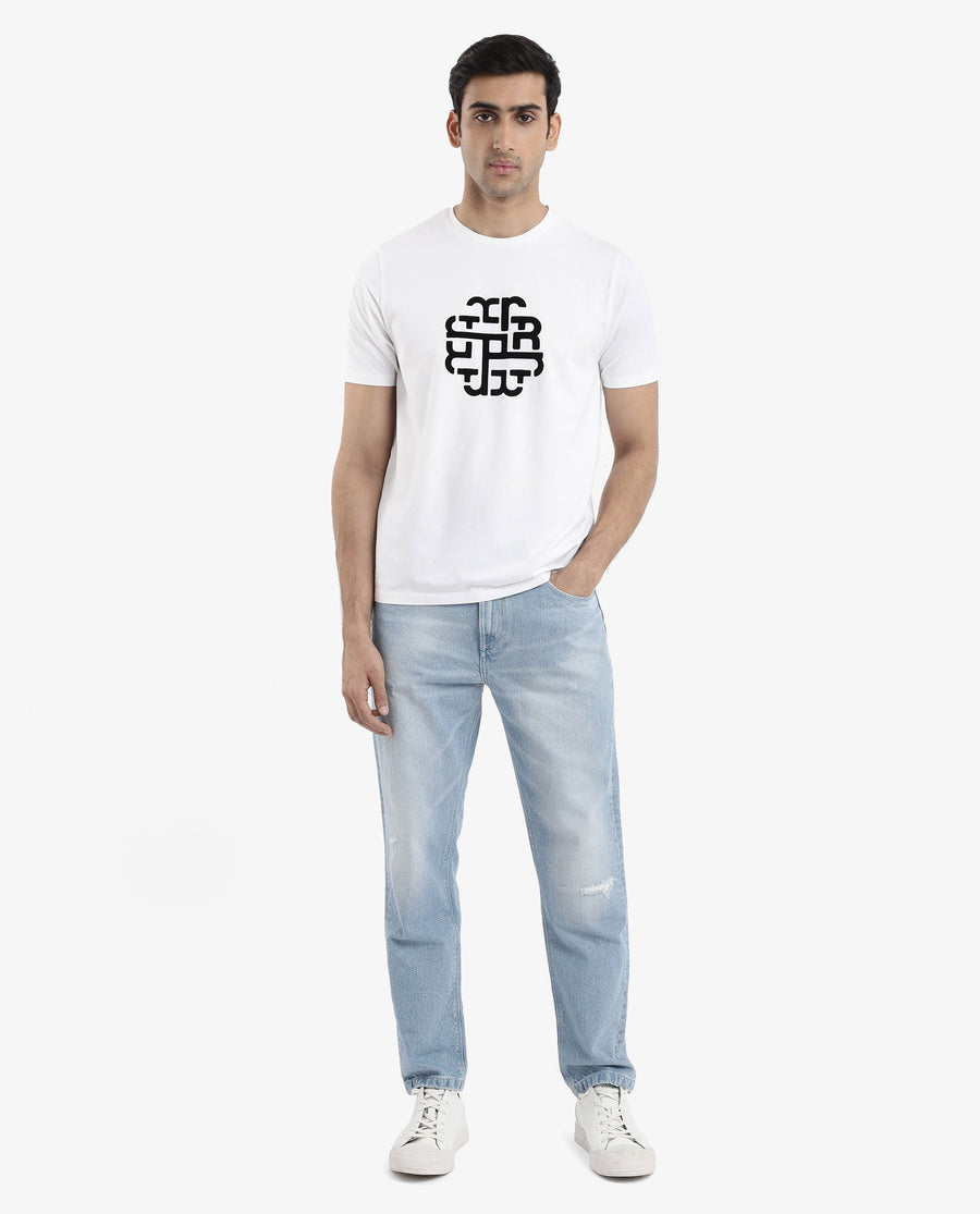 Rare Rabbit Men's Toxy White Cotton Graphic Print Regular Fit Half Sleeve Crew Neck T-Shirt