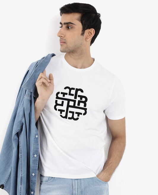 Rare Rabbit Men's Toxy White Cotton Graphic Print Regular Fit Half Sleeve Crew Neck T-Shirt