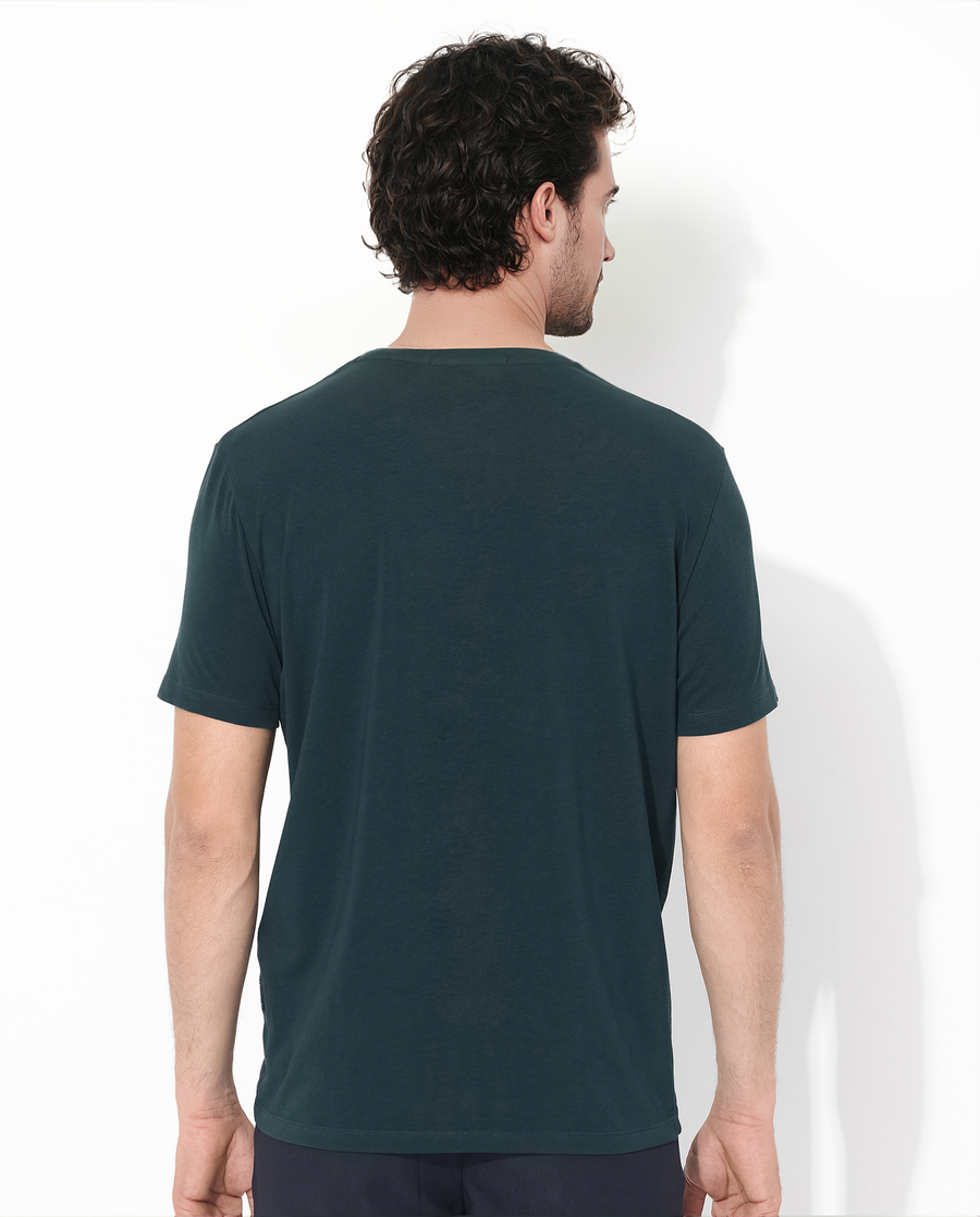 Rare Rabbit Men's Trace-1 Dark Green Cotton Blend Graphic Print Regular Fit Half Sleeve Crew Neck T-Shirt