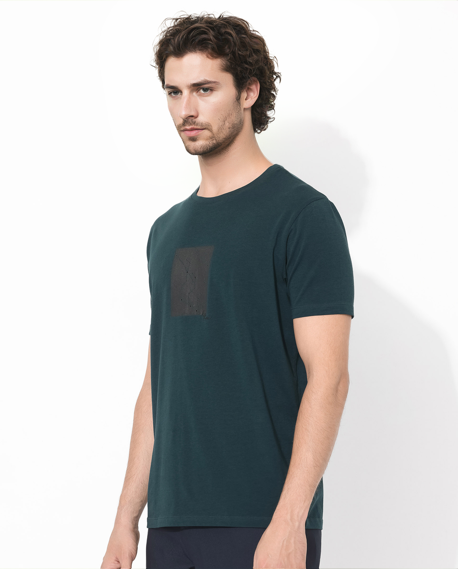 Rare Rabbit Men's Trace-1 Dark Green Cotton Blend Graphic Print Regular Fit Half Sleeve Crew Neck T-Shirt