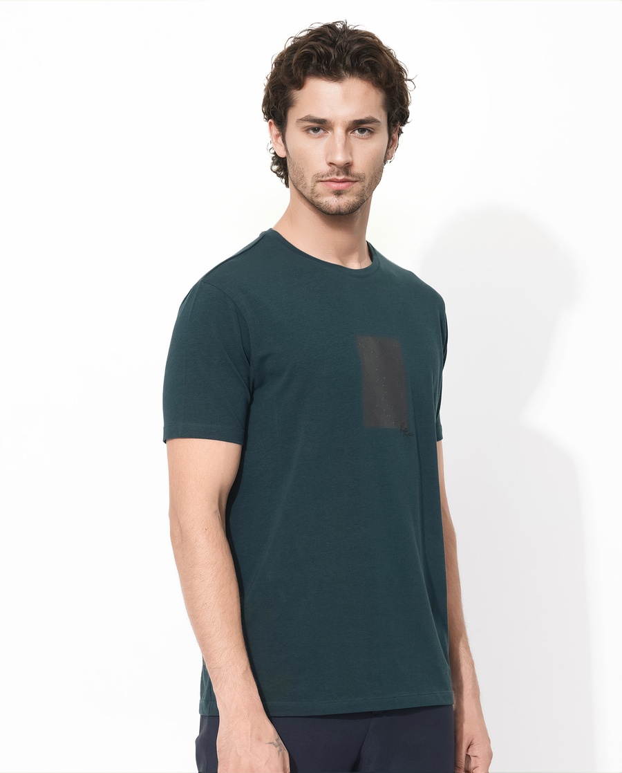 Rare Rabbit Men's Trace-1 Dark Green Cotton Blend Graphic Print Regular Fit Half Sleeve Crew Neck T-Shirt