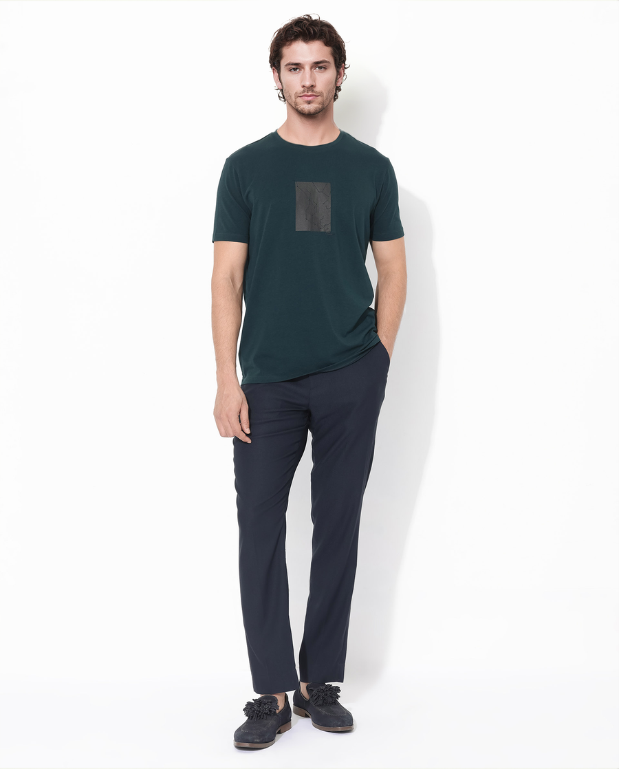 Rare Rabbit Men's Trace-1 Dark Green Cotton Blend Graphic Print Regular Fit Half Sleeve Crew Neck T-Shirt