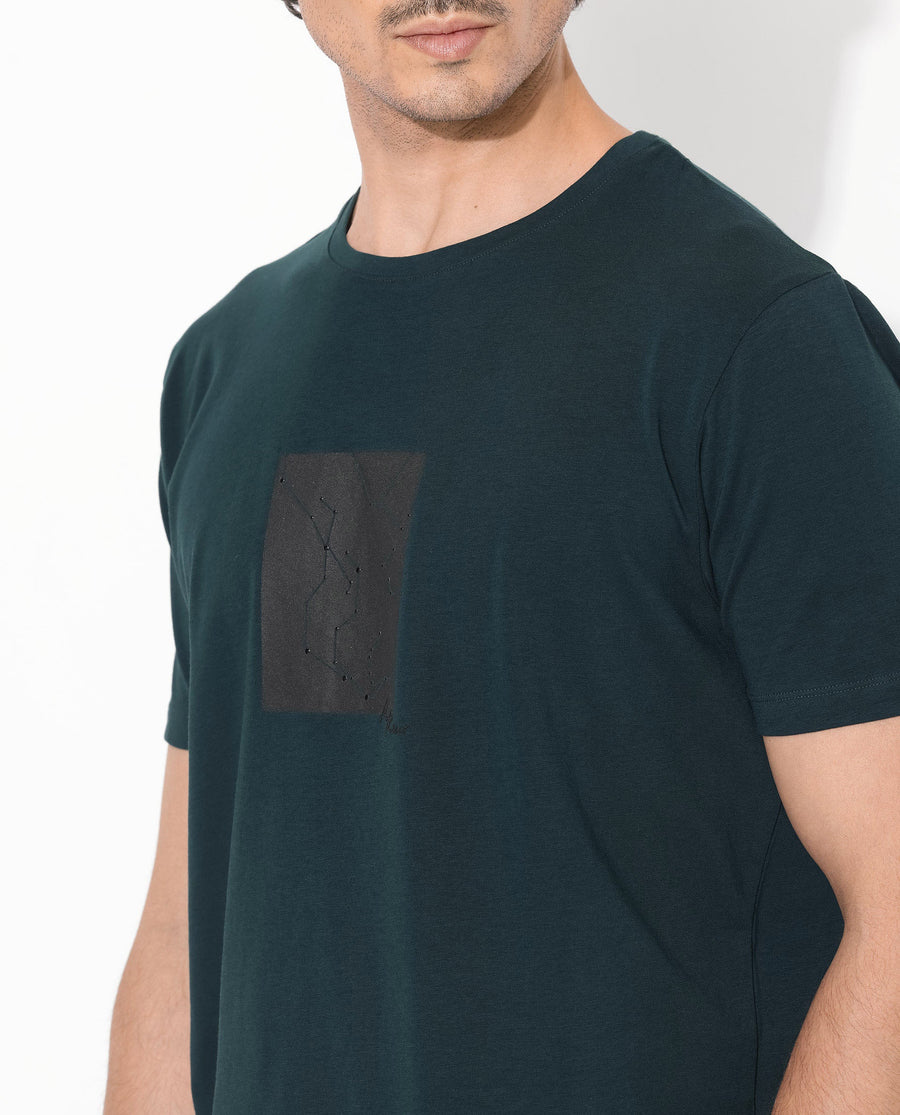Rare Rabbit Men's Trace-1 Dark Green Cotton Blend Graphic Print Regular Fit Half Sleeve Crew Neck T-Shirt