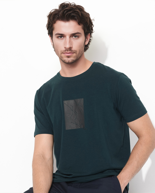 Rare Rabbit Men's Trace-1 Dark Green Cotton Blend Graphic Print Regular Fit Half Sleeve Crew Neck T-Shirt