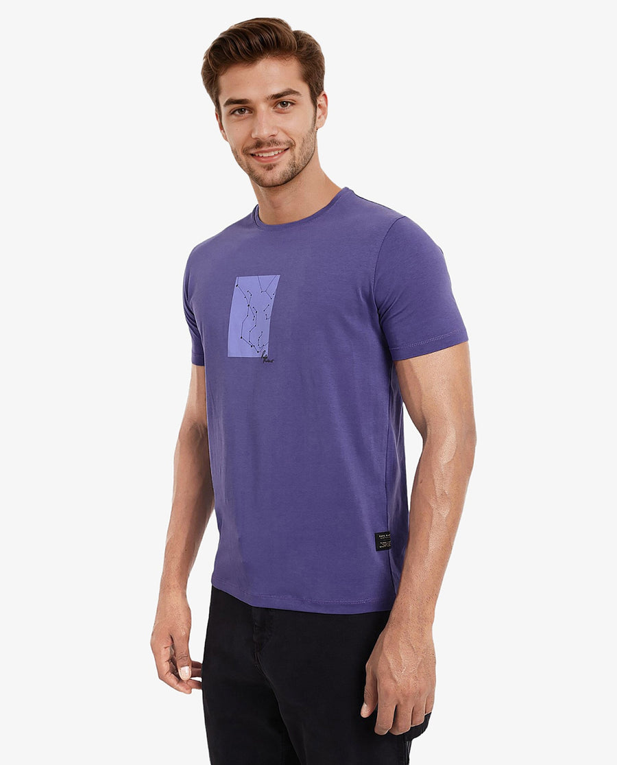 Rare Rabbit Men's Trace-1 Purple Cotton Blend Graphic Print Regular Fit Half Sleeve Crew Neck T-Shirt