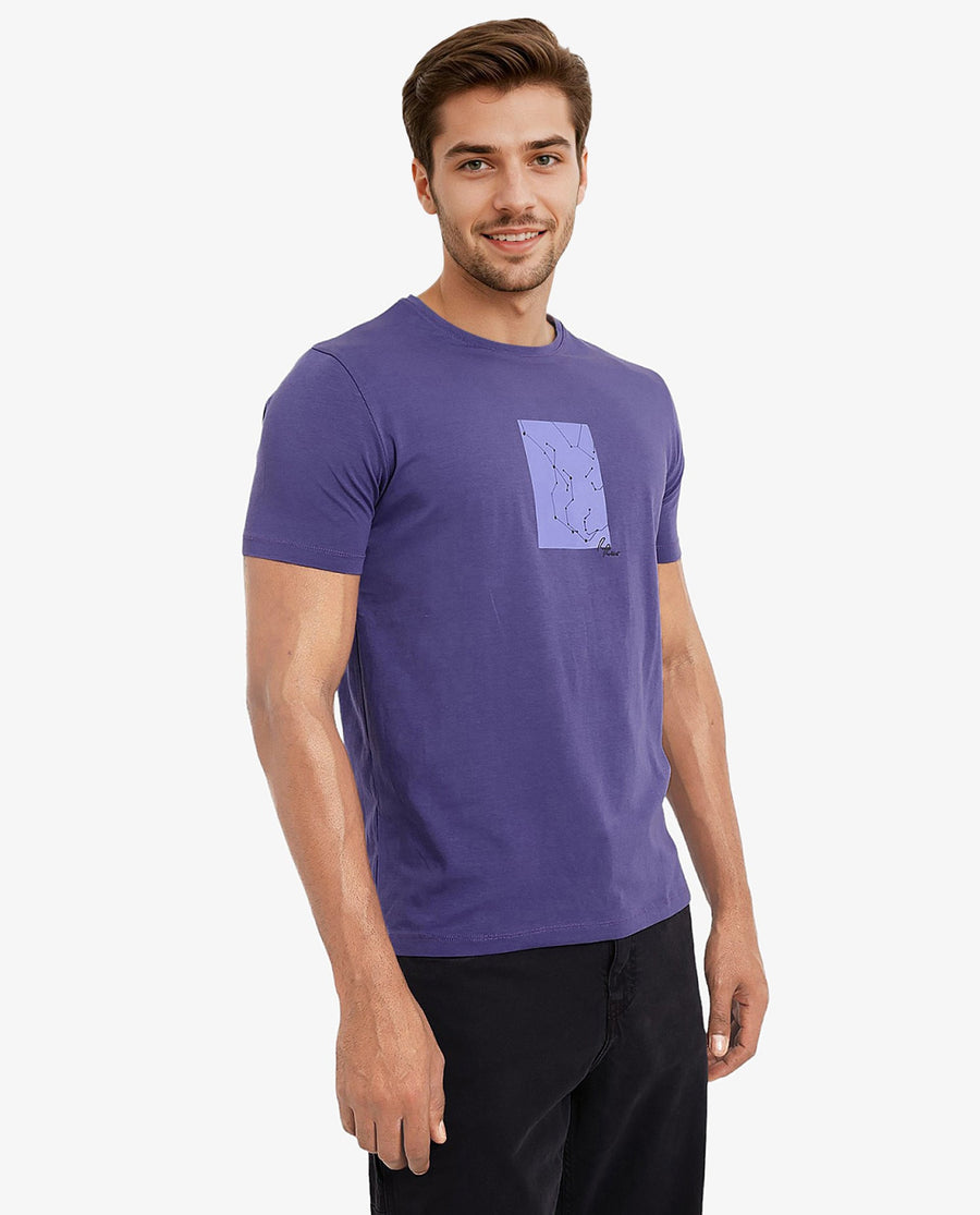 Rare Rabbit Men's Trace-1 Purple Cotton Blend Graphic Print Regular Fit Half Sleeve Crew Neck T-Shirt