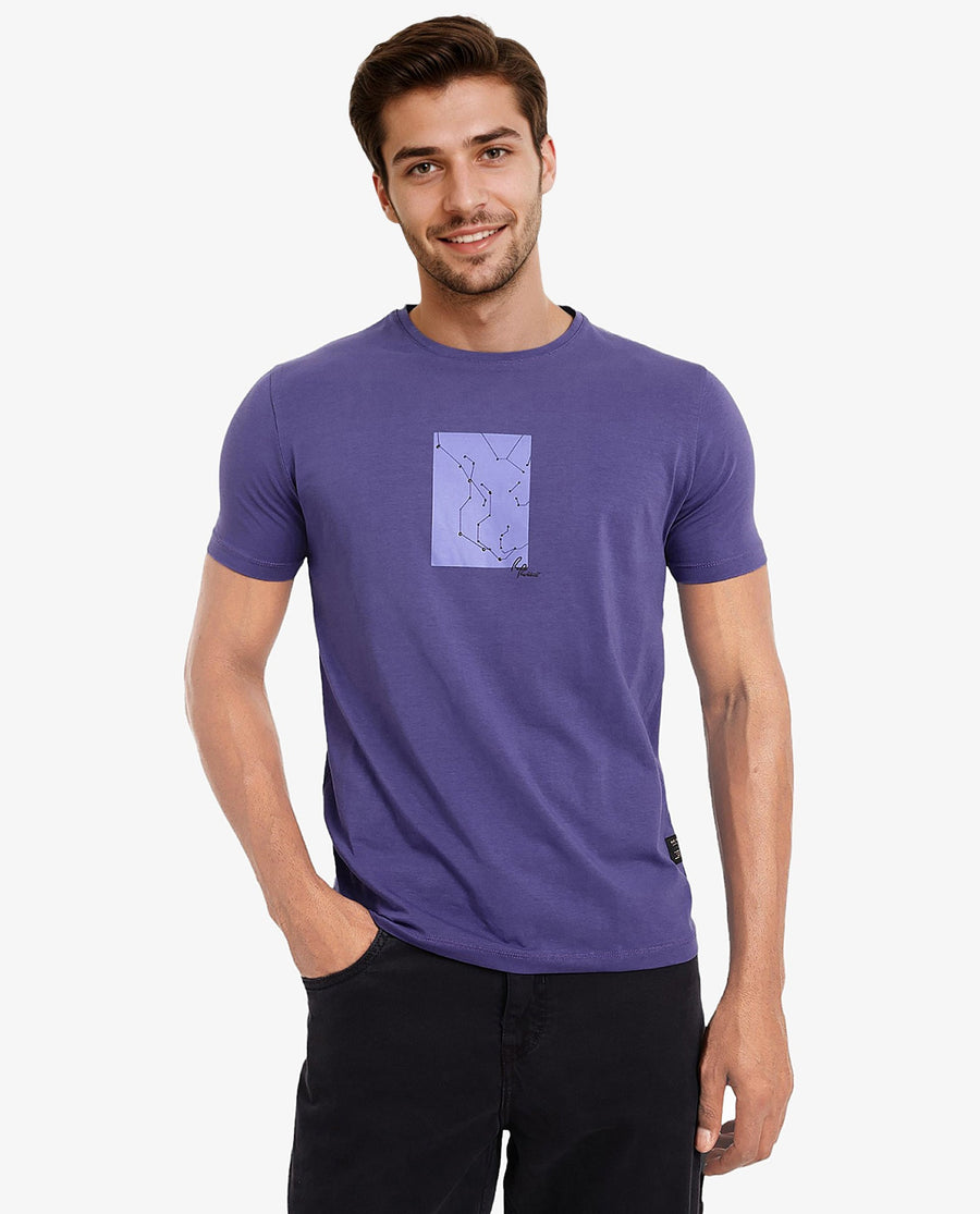 Rare Rabbit Men's Trace-1 Purple Cotton Blend Graphic Print Regular Fit Half Sleeve Crew Neck T-Shirt