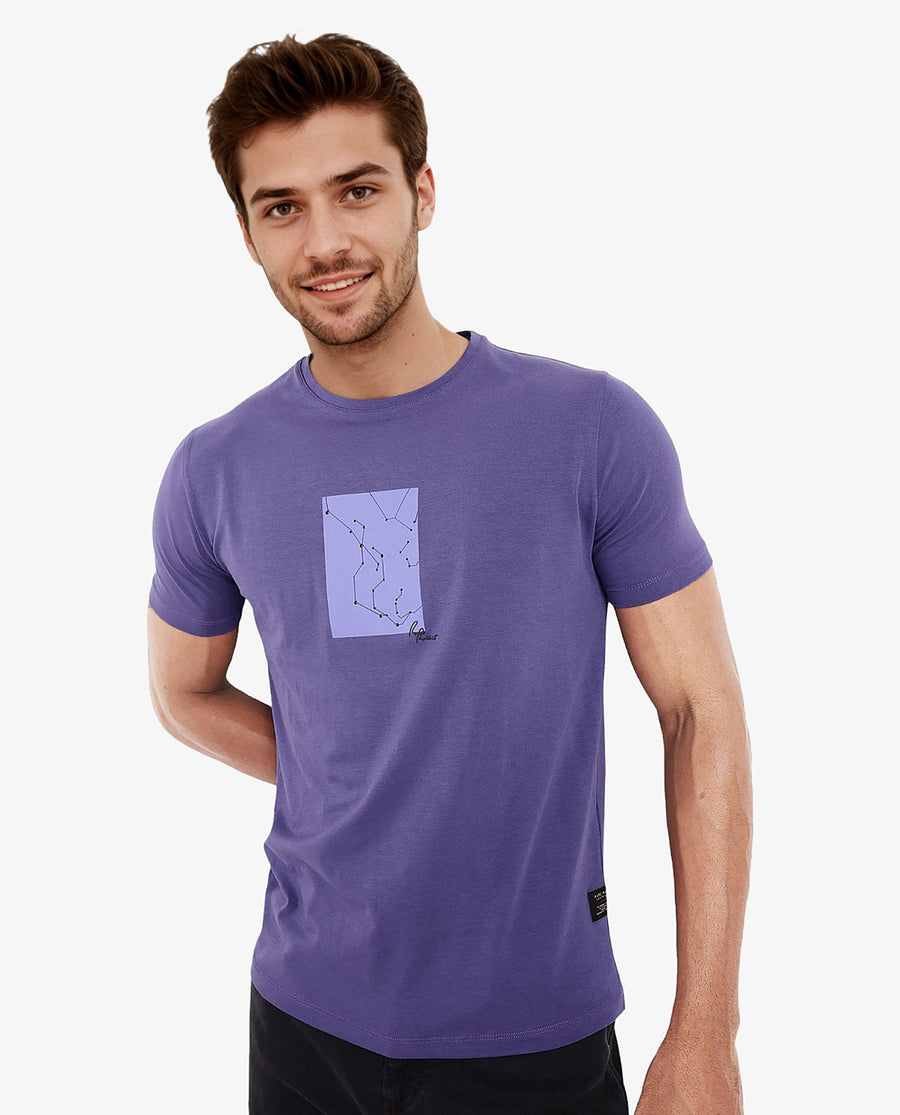 Rare Rabbit Men's Trace-1 Purple Cotton Blend Graphic Print Regular Fit Half Sleeve Crew Neck T-Shirt