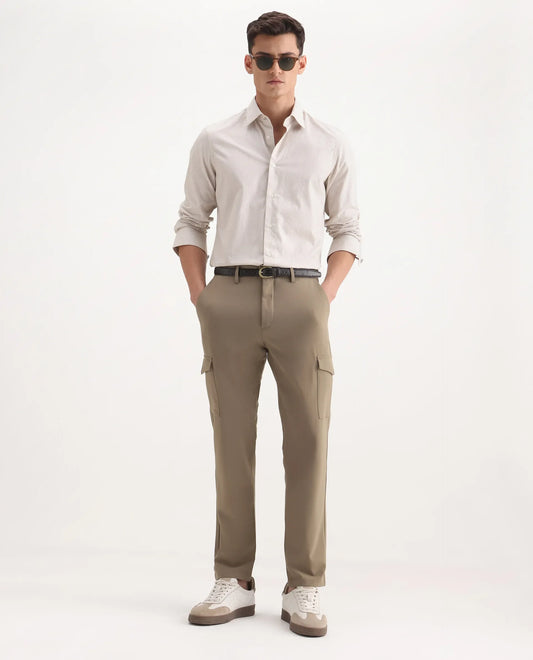 Rare Rabbit Men's Traco Dark Beige Cotton Plain Regular Fit Trouser