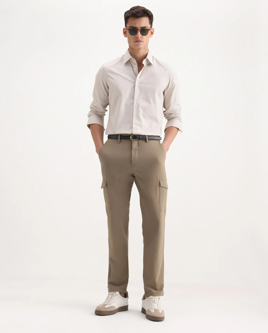 Rare Rabbit Men's Traco Dark Beige Cotton Plain Regular Fit Trouser
