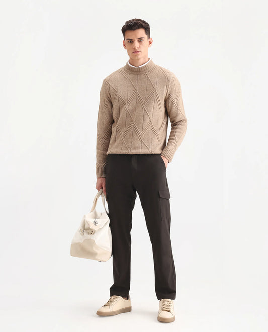Rare Rabbit Men's Traco Dark Brown Cotton Plain Regular Fit Trouser