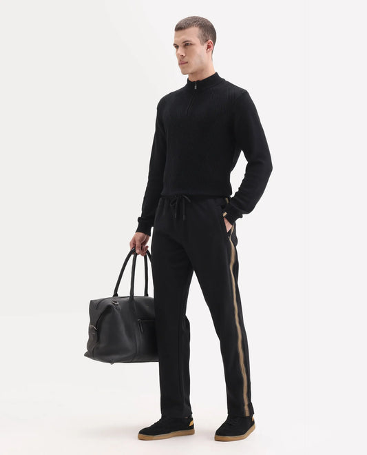 Rare Rabbit Men's Tracksign Black Cotton Plain Regular Fit Trouser