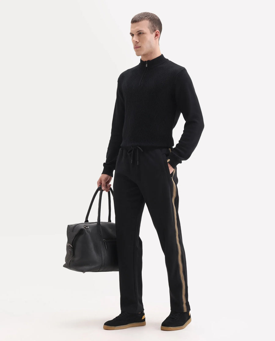Rare Rabbit Men's Tracksign Black Cotton Plain Regular Fit Trouser