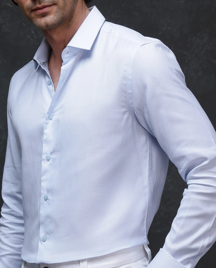 Rare Rabbit Men's Traf Pastel Blue Cotton Plain Regular Fit Full Sleeve Collared Shirt