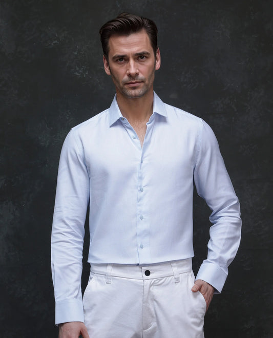 Rare Rabbit Men's Traf Pastel Blue Cotton Plain Regular Fit Full Sleeve Collared Shirt