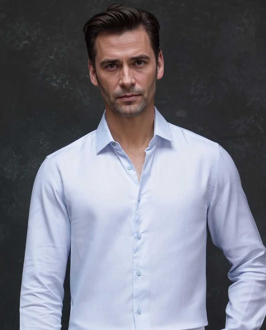 Rare Rabbit Men's Traf Pastel Blue Cotton Plain Regular Fit Full Sleeve Collared Shirt