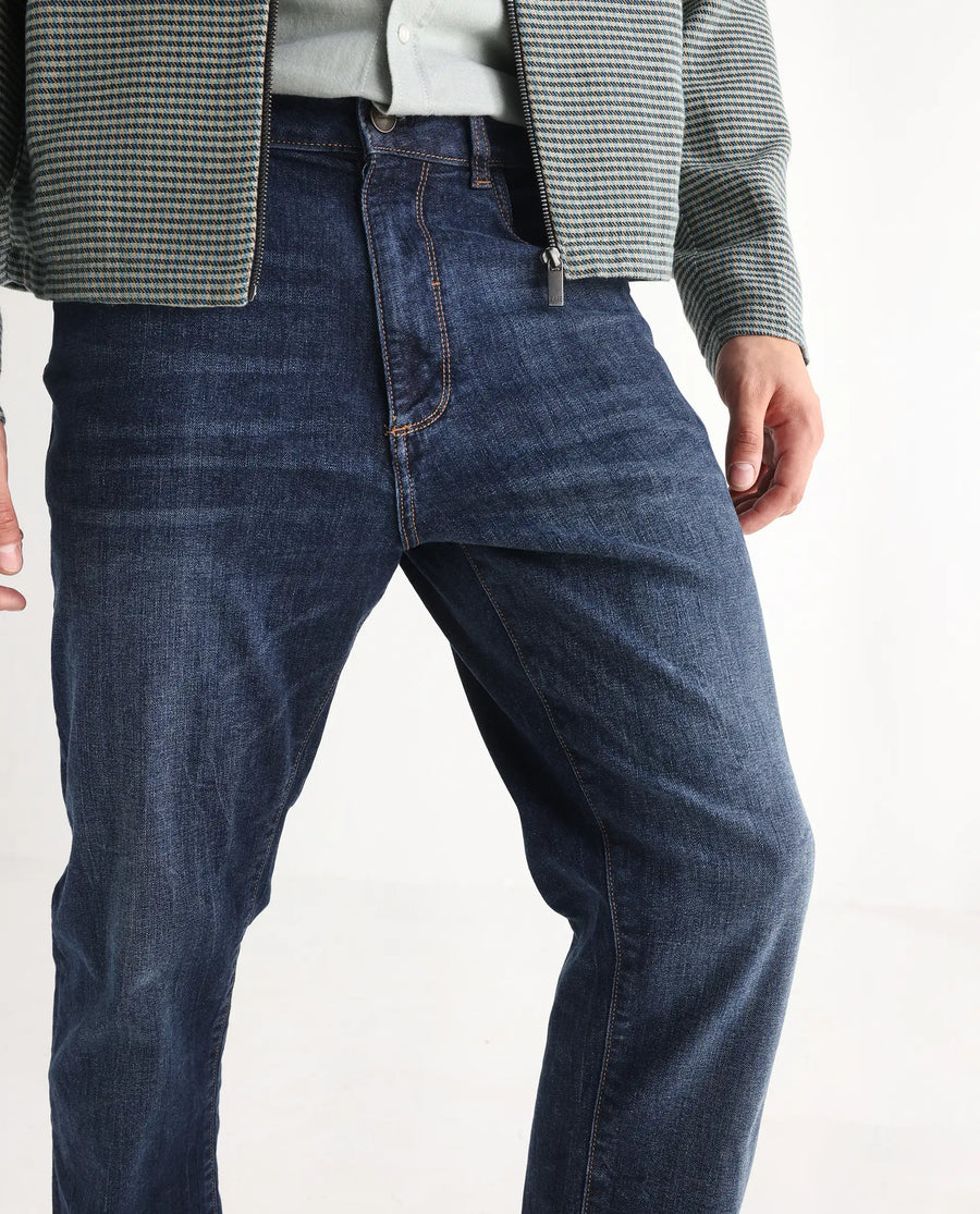 Rare Rabbit Men's Train Fluorescent Blue Cotton Blend Plain Morris Regular Fit Jeans