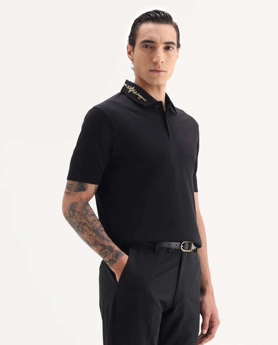 Rare Rabbit Men's Trak Black Cotton Blend Fabric Half Sleeve Spread Collar Embroidered Polo