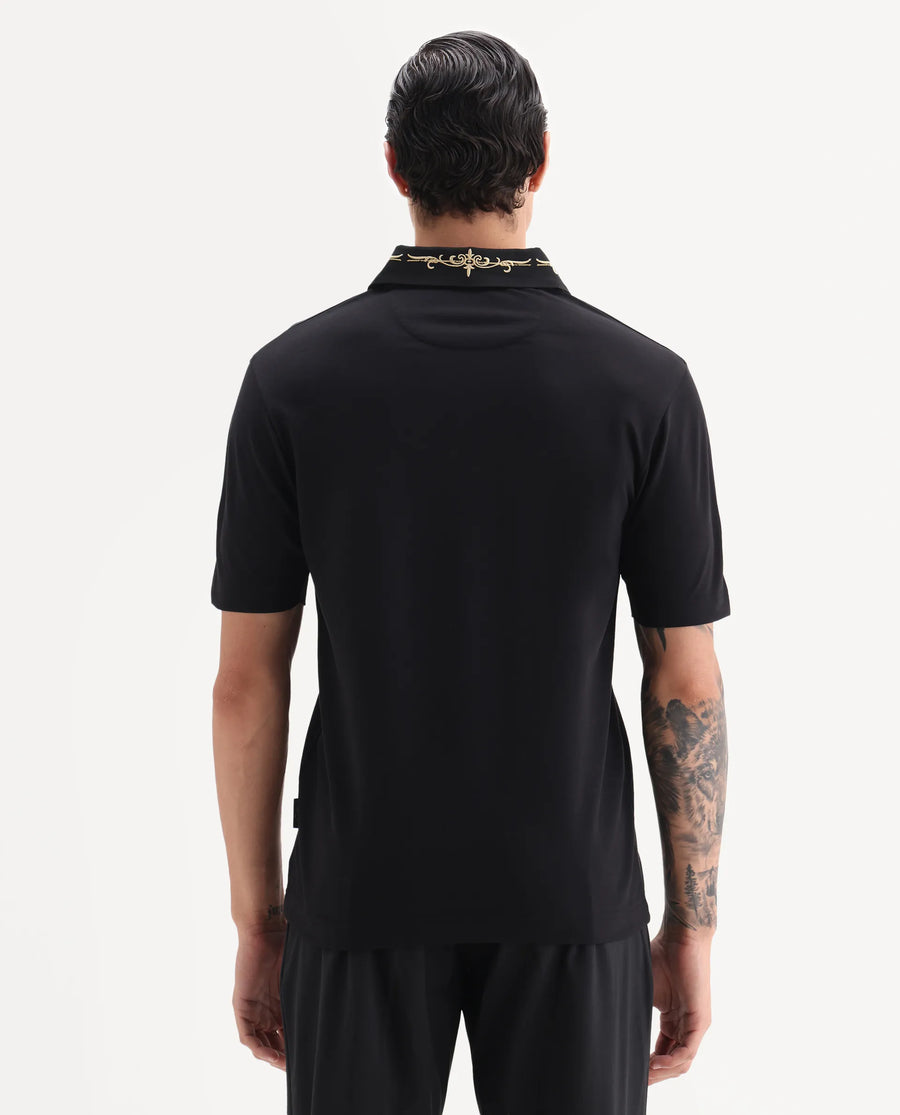 Rare Rabbit Men's Trak Black Cotton Blend Fabric Half Sleeve Spread Collar Embroidered Polo