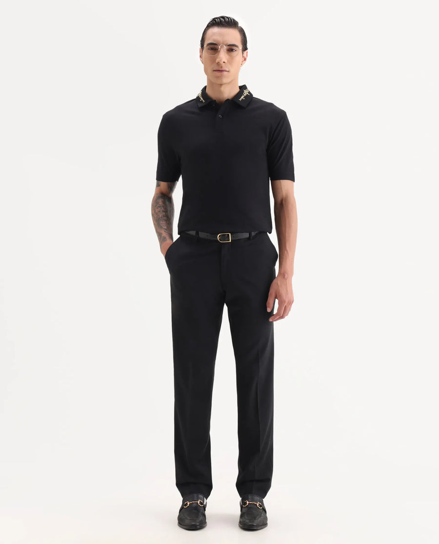 Rare Rabbit Men's Trak Black Cotton Blend Fabric Half Sleeve Spread Collar Embroidered Polo