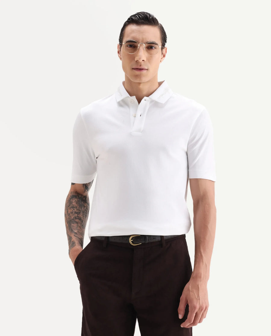 Rare Rabbit Men's Trak White Cotton Blend Fabric Half Sleeve Spread Collar Embroidered Polo